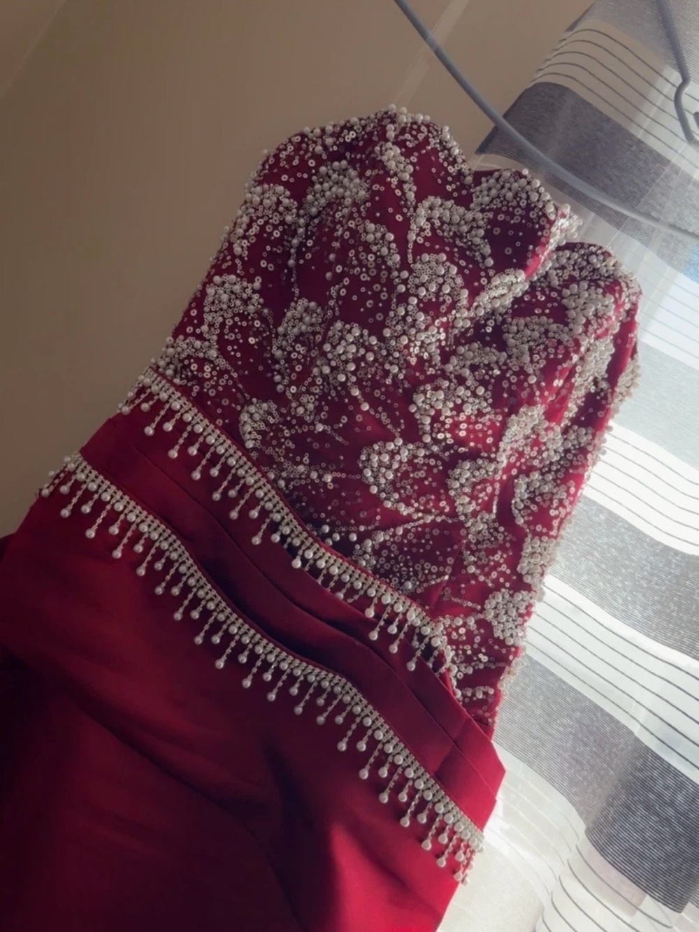 Strapless Red Embellished Maxi Dress with Pearl Beading